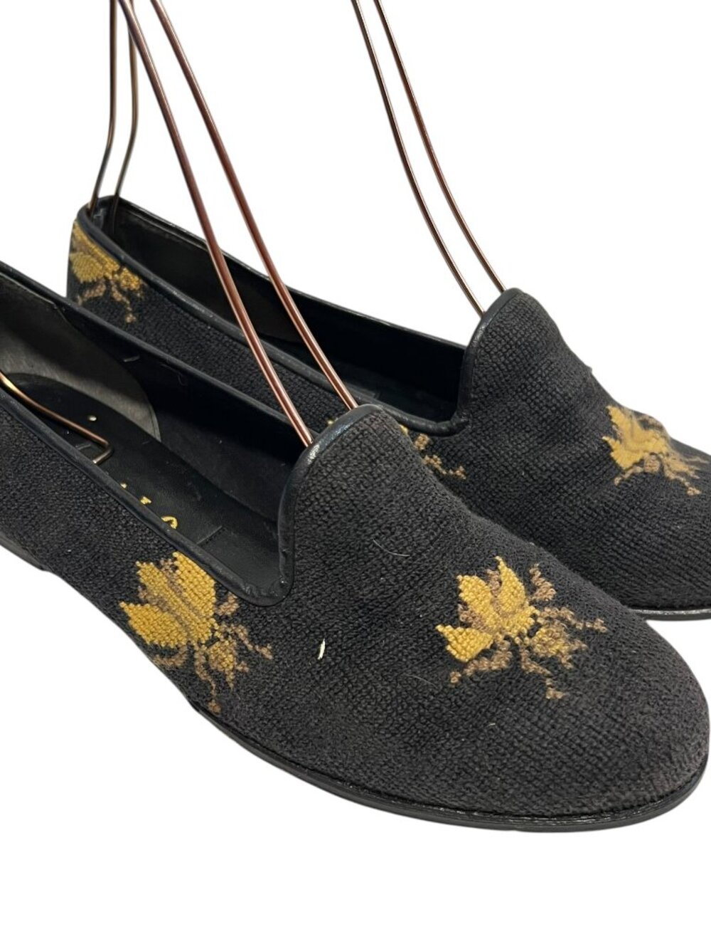 Zalo needlepoint loafers black yellow brown bee round toe womens 7.5 flats shoes